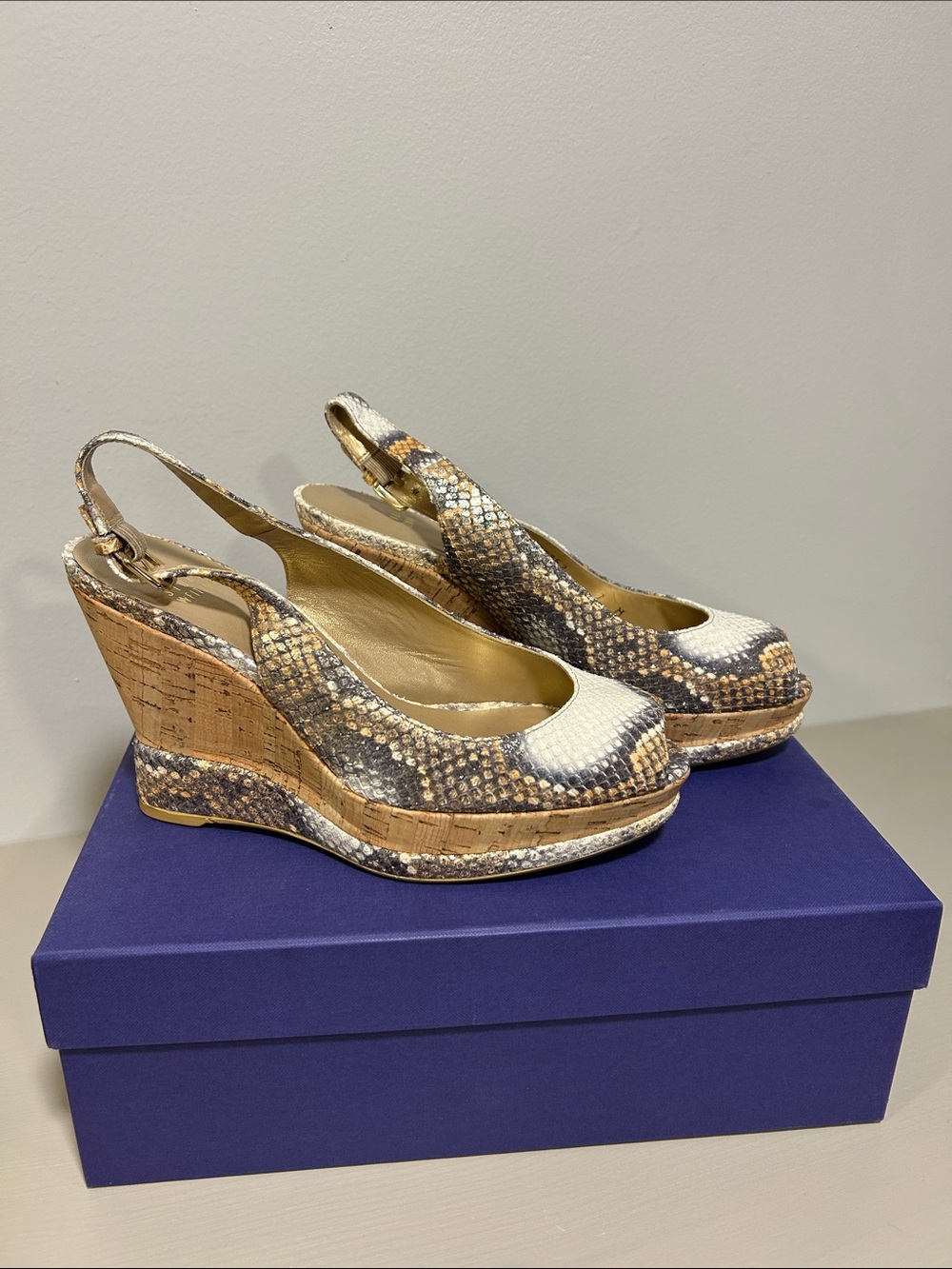 Stuart Weitzman Snakeskin Cork Wedge Slingback - Neutral Brown & Cream